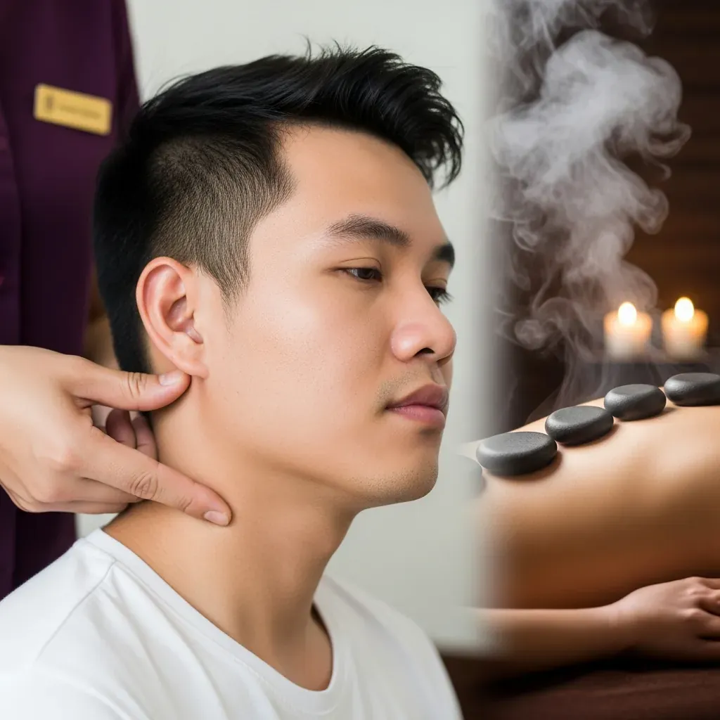 So sánh hai kỹ thuật: bấm huyệt bằng ngón tay và massage bằng đá nóng trên lưng.