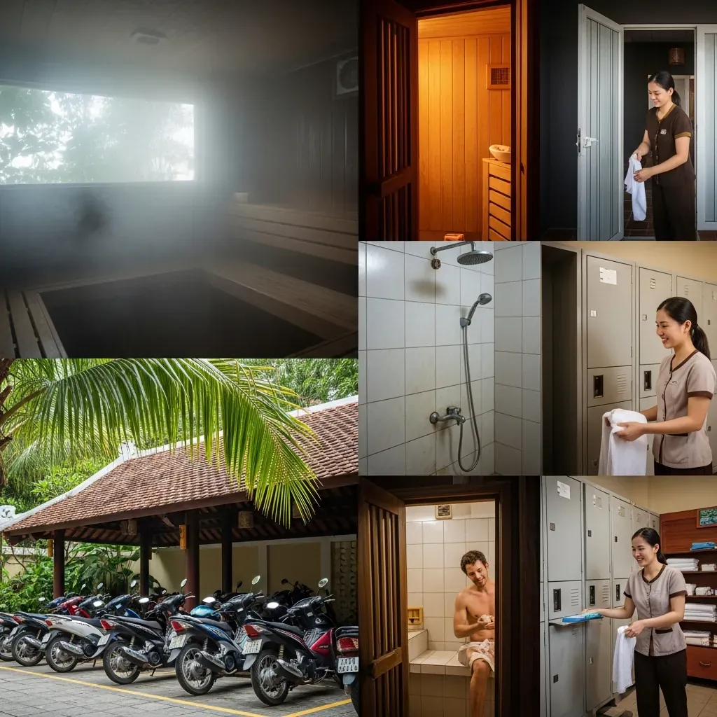 Ảnh ghép minh họa các tiện ích như xông hơi, tắm tráng, tủ đồ và chỗ đậu xe tại một cơ sở massage bình dân.
