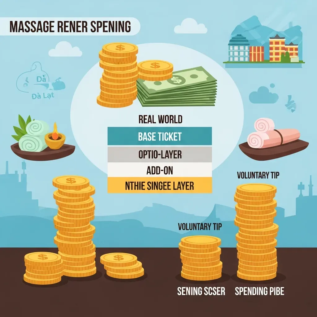 Infographic minh họa tổng chi phí đi massage gồm vé cơ bản, gói thêm và khoản boa tự nguyện.