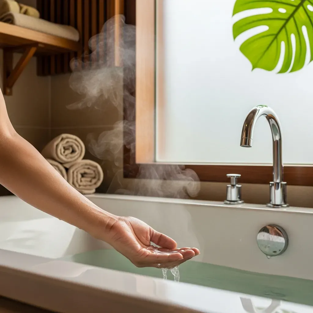 Bàn tay kiểm tra nước nóng trong bồn tắm, hơi nước bốc lên.