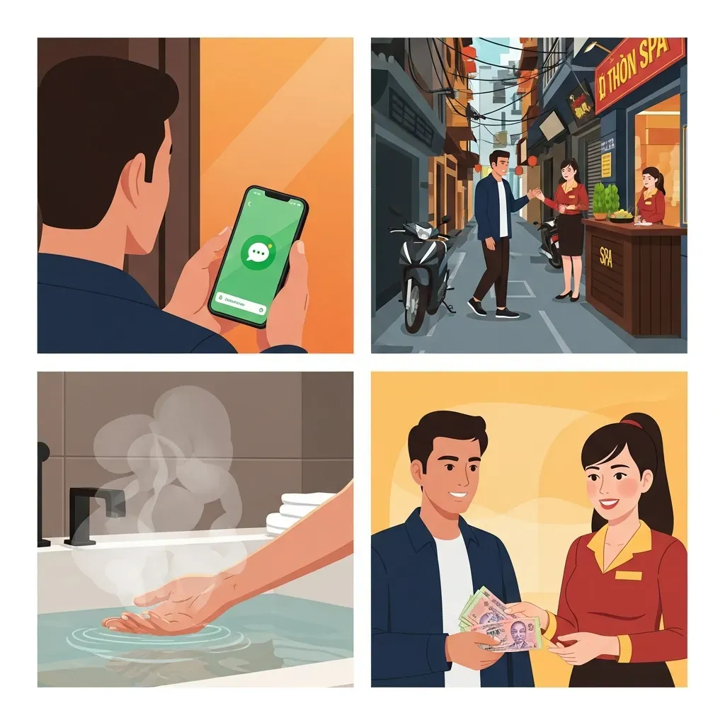 Bốn bước trải nghiệm: nhắn tin đặt lịch, đến quầy, kiểm tra nước nóng, thanh toán tip.