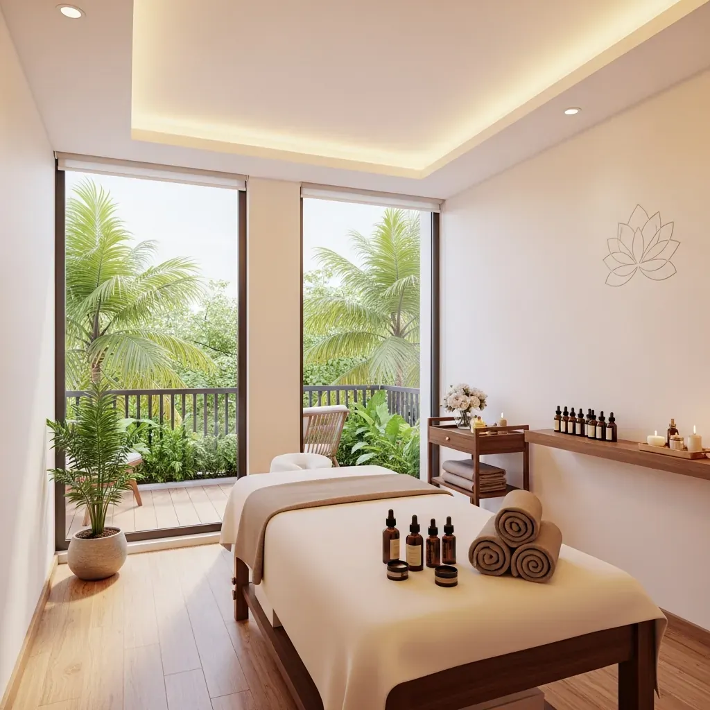 Căn phòng massage hiện đại, sáng sủa với cửa sổ nhìn ra ban công cây xanh, bàn massage trắng, ánh sáng ấm.