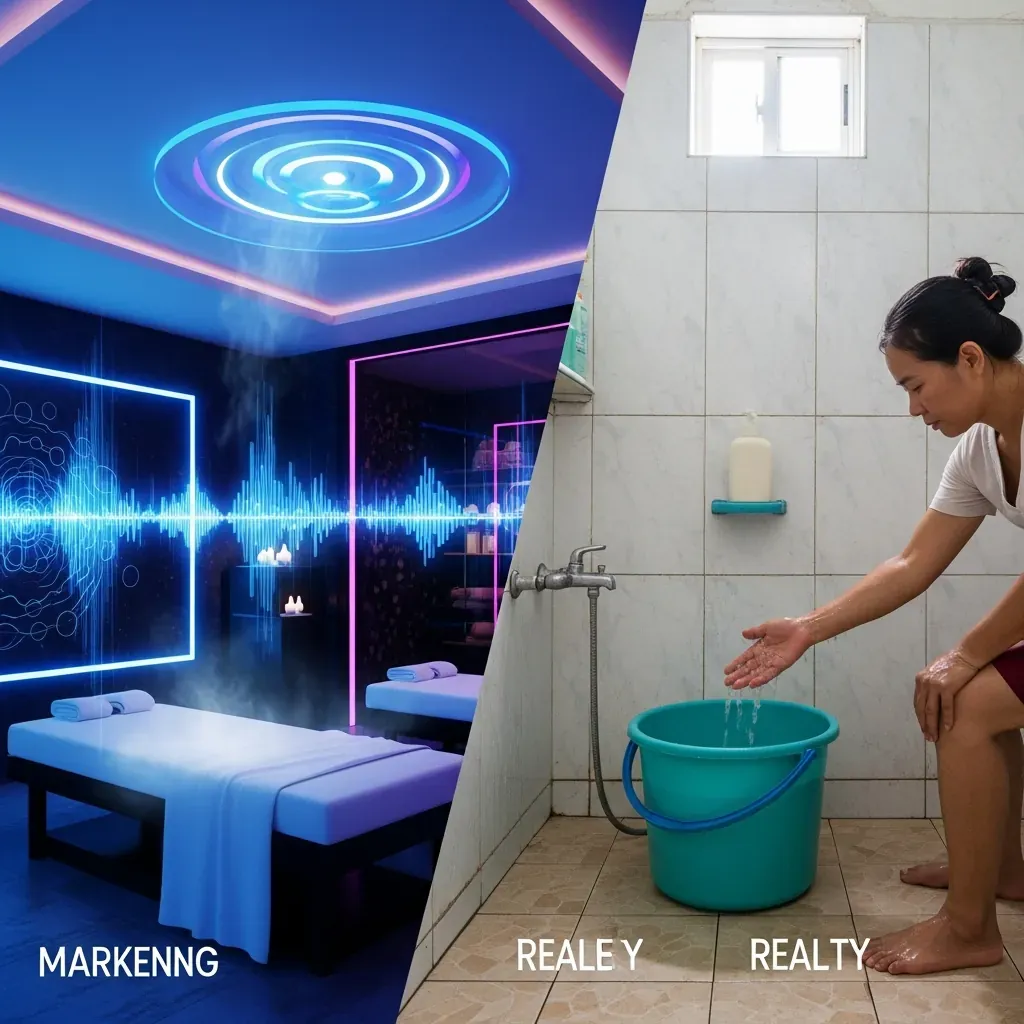 So sánh quảng cáo sang trọng bên trái và thực tế phòng tắm xuống cấp bên phải.