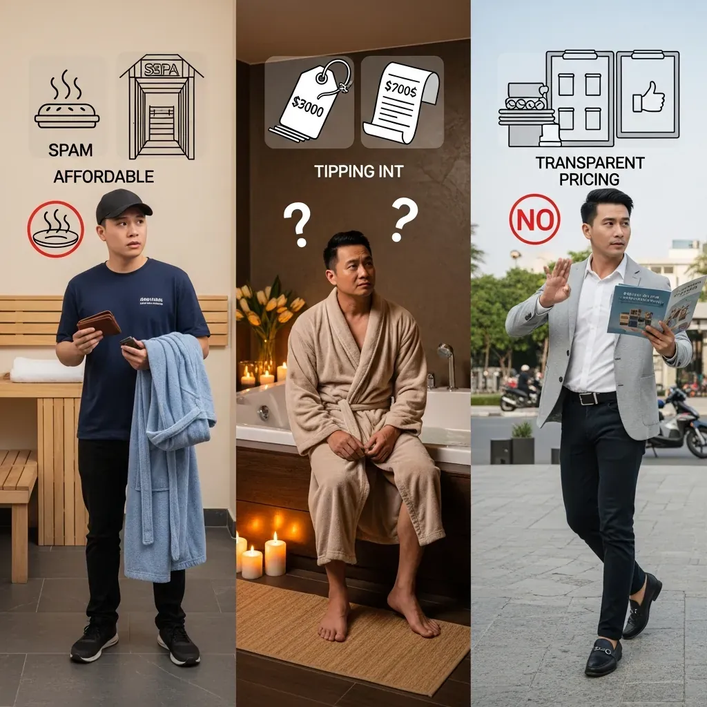 Ba chân dung khách hàng lựa chọn gói massage: ngân sách thấp, gói VIP, và phương án an toàn.
