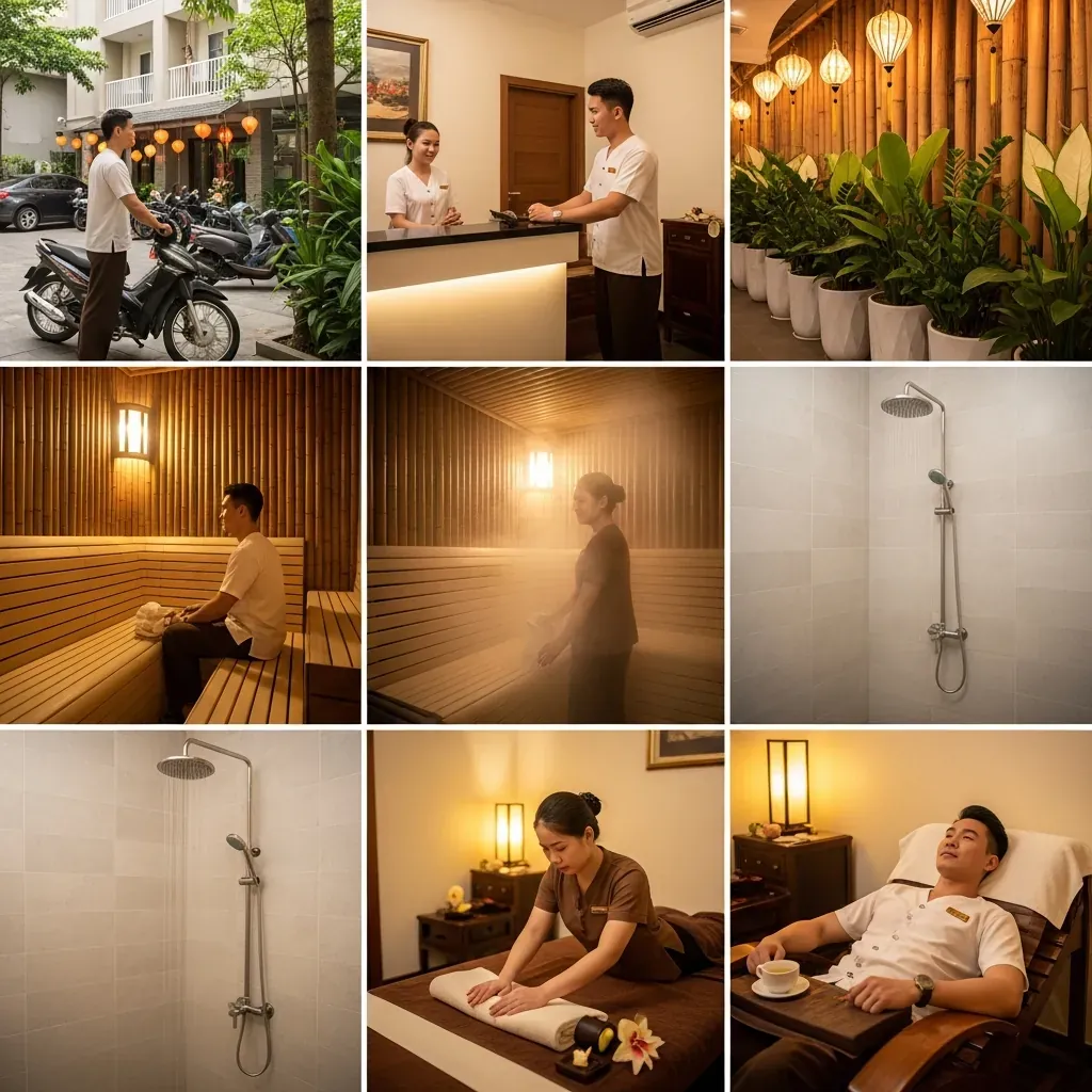 Quy trình trải nghiệm dịch vụ massage tại Massage Minh Tâm Lý Thường Kiệt: từ gửi xe, tiếp tân, xông hơi, tắm, massage đến nghỉ ngơi.