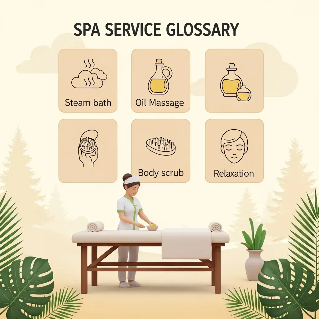 Biểu tượng các dịch vụ massage như xông hơi, trườn dầu, massage trong không gian Đà Lạt.