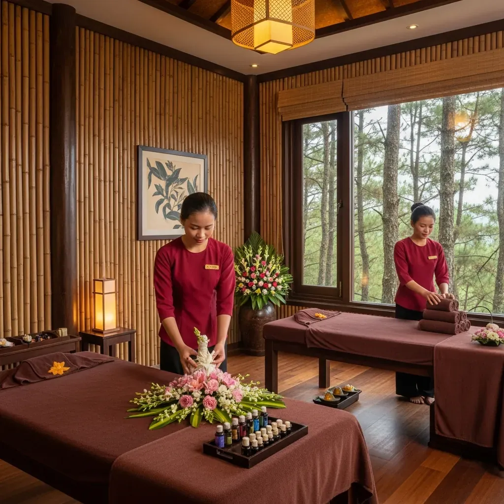 Không gian spa cao cấp tại Đà Lạt với nhân viên mặc áo dài, cây xanh và ánh sáng ấm.