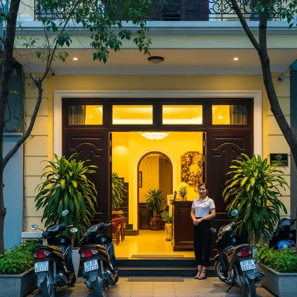 Mặt tiền cơ sở massage Mỹ Hạnh ở Đà Lạt vào lúc hoàng hôn, có cây xanh và xe máy đỗ trước cửa.