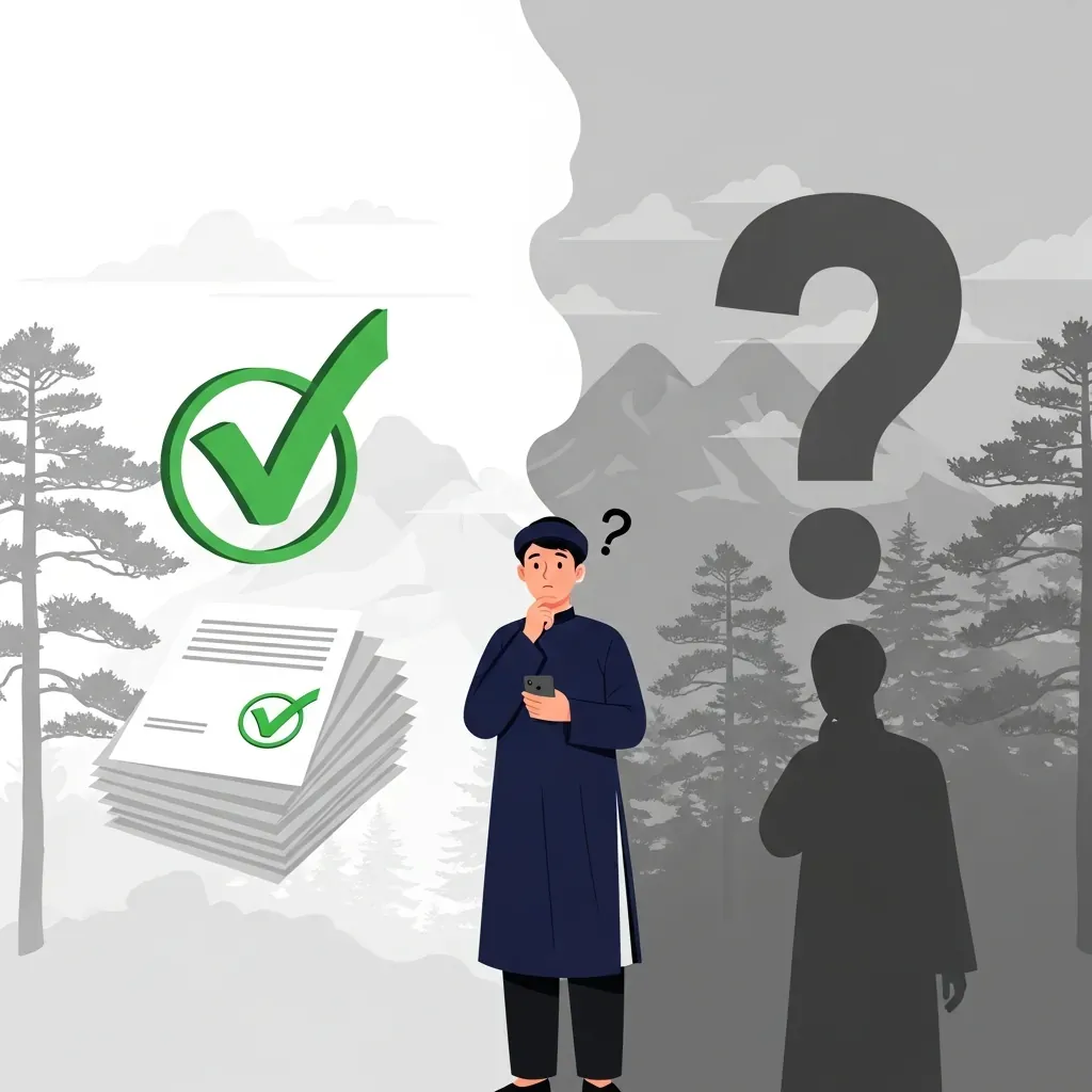 Minh họa khái niệm thông tin đã xác minh và chưa xác minh với các biểu tượng dấu chấm hỏi và dấu tích.