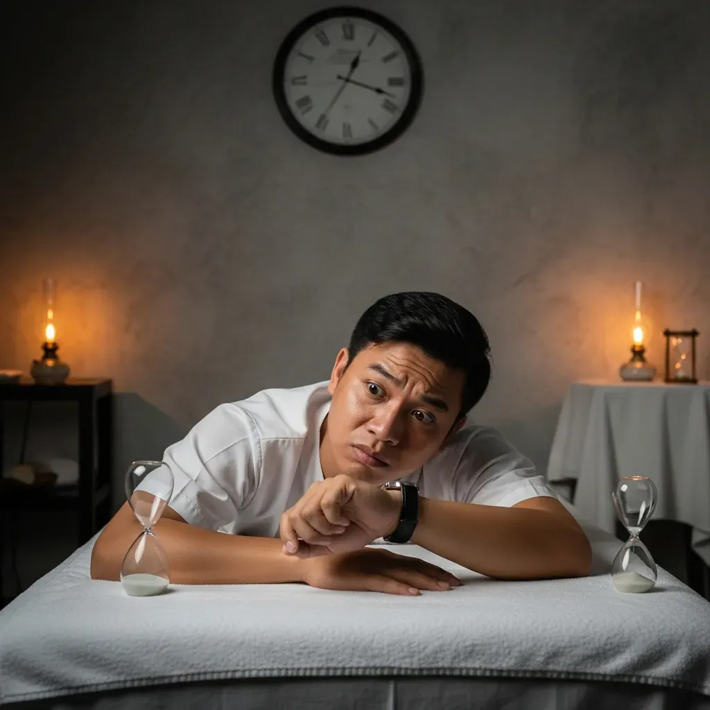Người đàn ông nằm trên bàn massage nhìn đồng hồ với vẻ mặt thất vọng, đồng hồ treo tường chỉ thời gian ngắn.