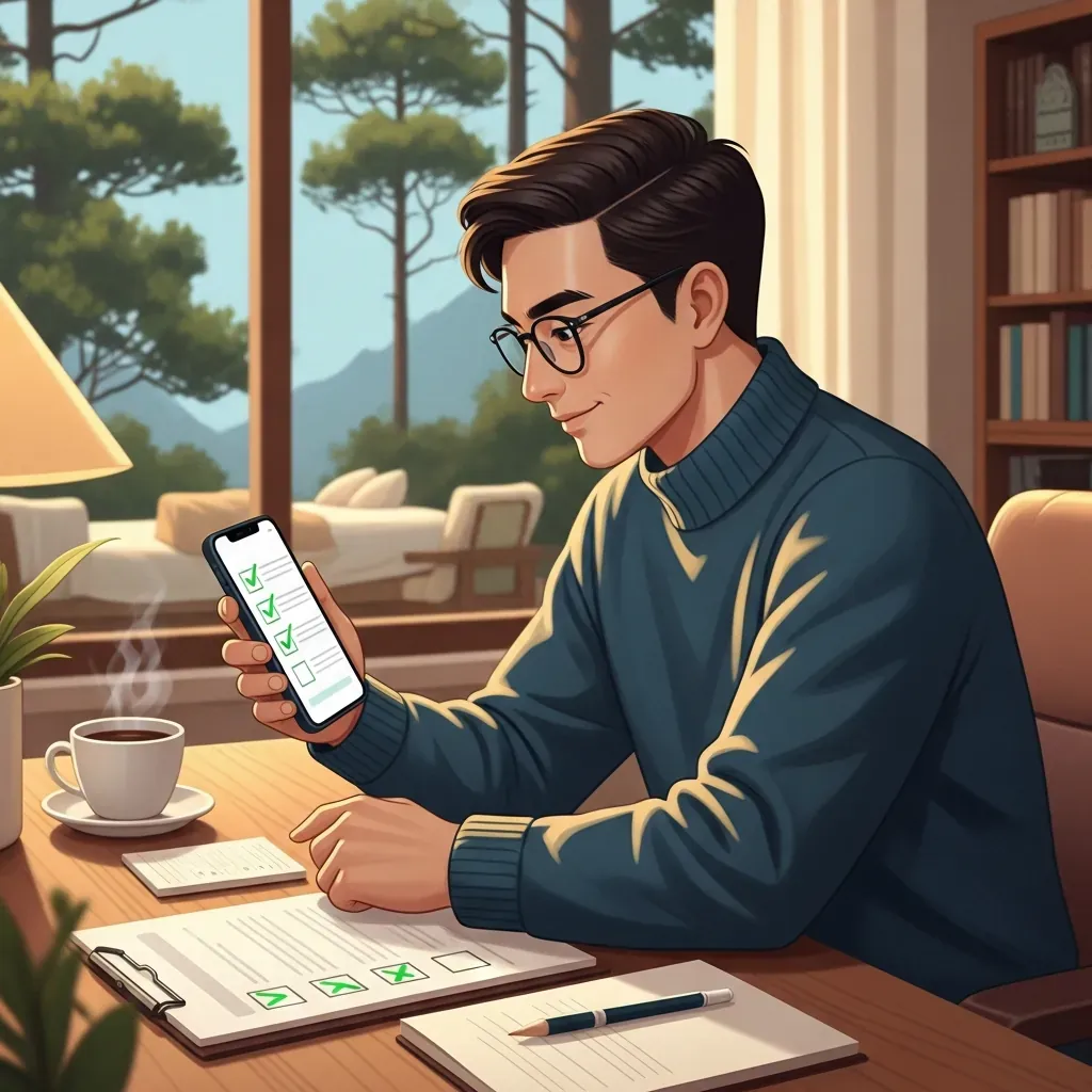Người đàn ông Việt Nam ngồi tại bàn làm việc, cầm điện thoại và danh sách kiểm tra.