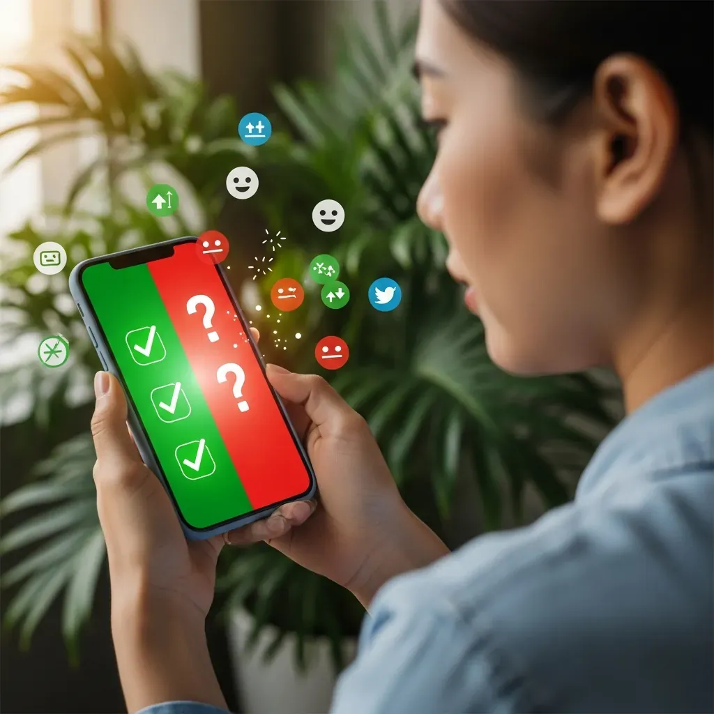 Phụ nữ Việt Nam đang xem xét đánh giá trên điện thoại với kính lúp.