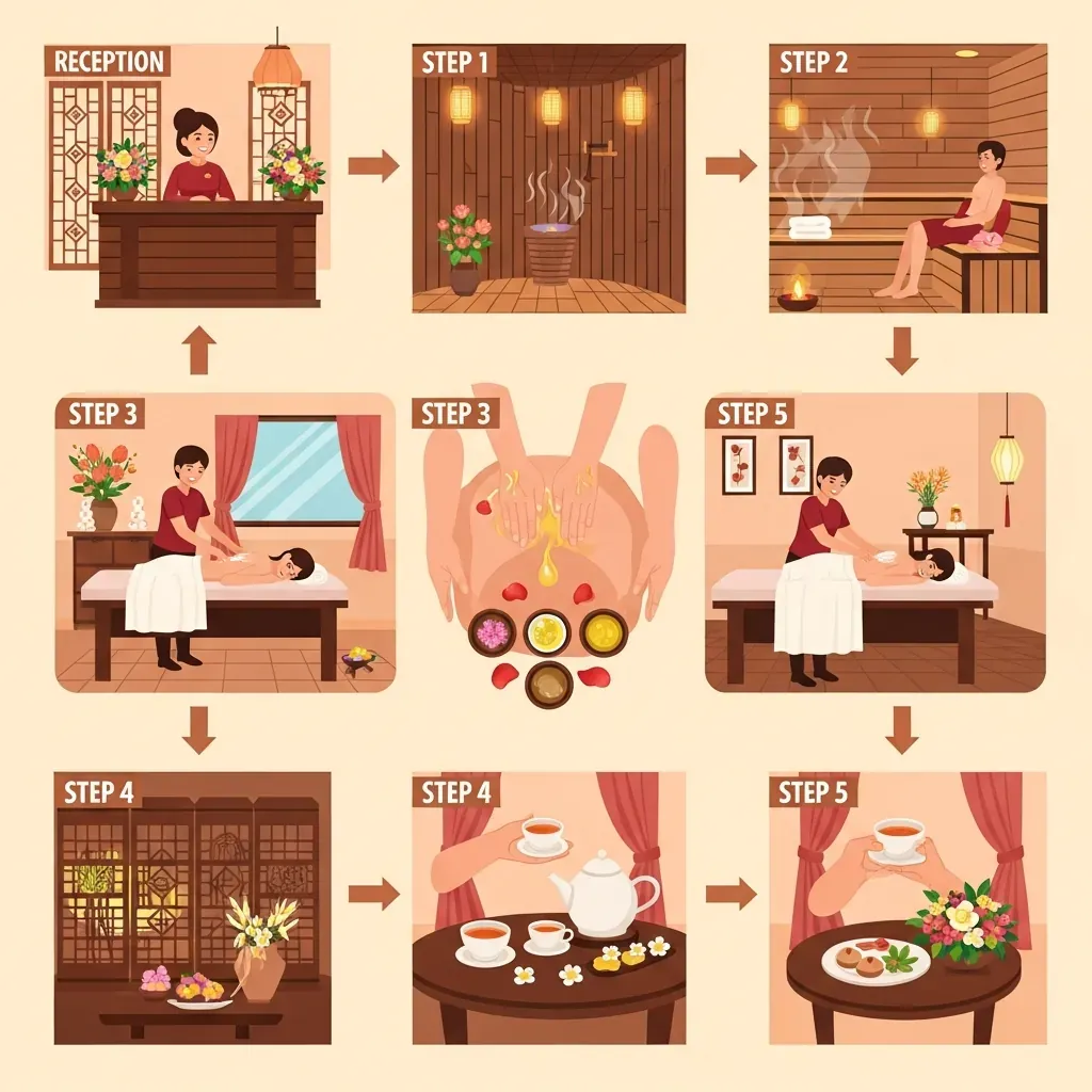 Quy trình năm bước tại massage Mỹ Hạnh được minh họa từ lễ tân, xông hơi, massage đến thư giãn.