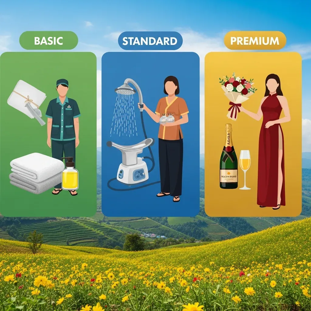 So sánh ba gói dịch vụ massage với các mức độ từ cơ bản đến cao cấp.
