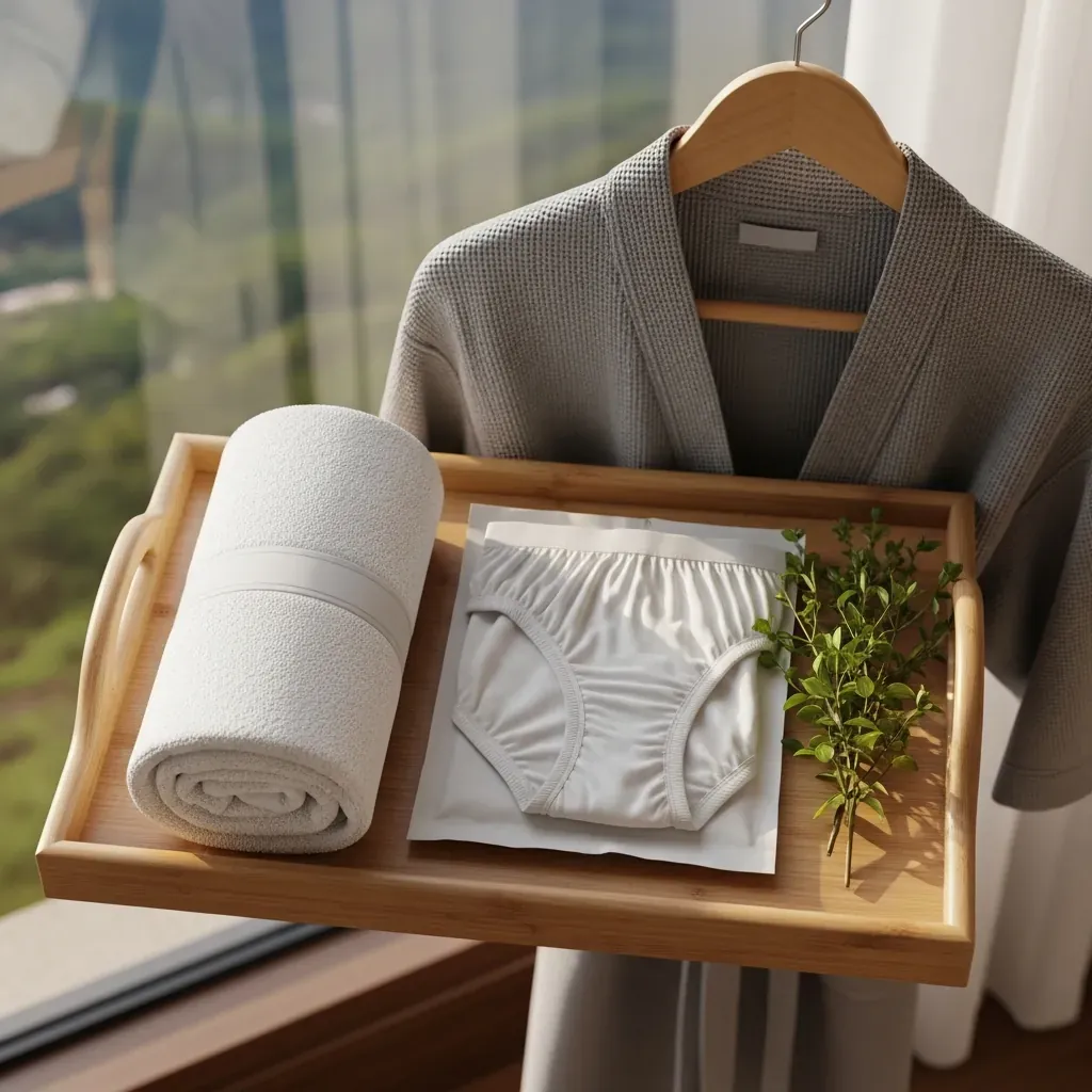 Bộ đồ dùng một lần và khăn tắm được chuẩn bị tại spa massage nam Đà Lạt.