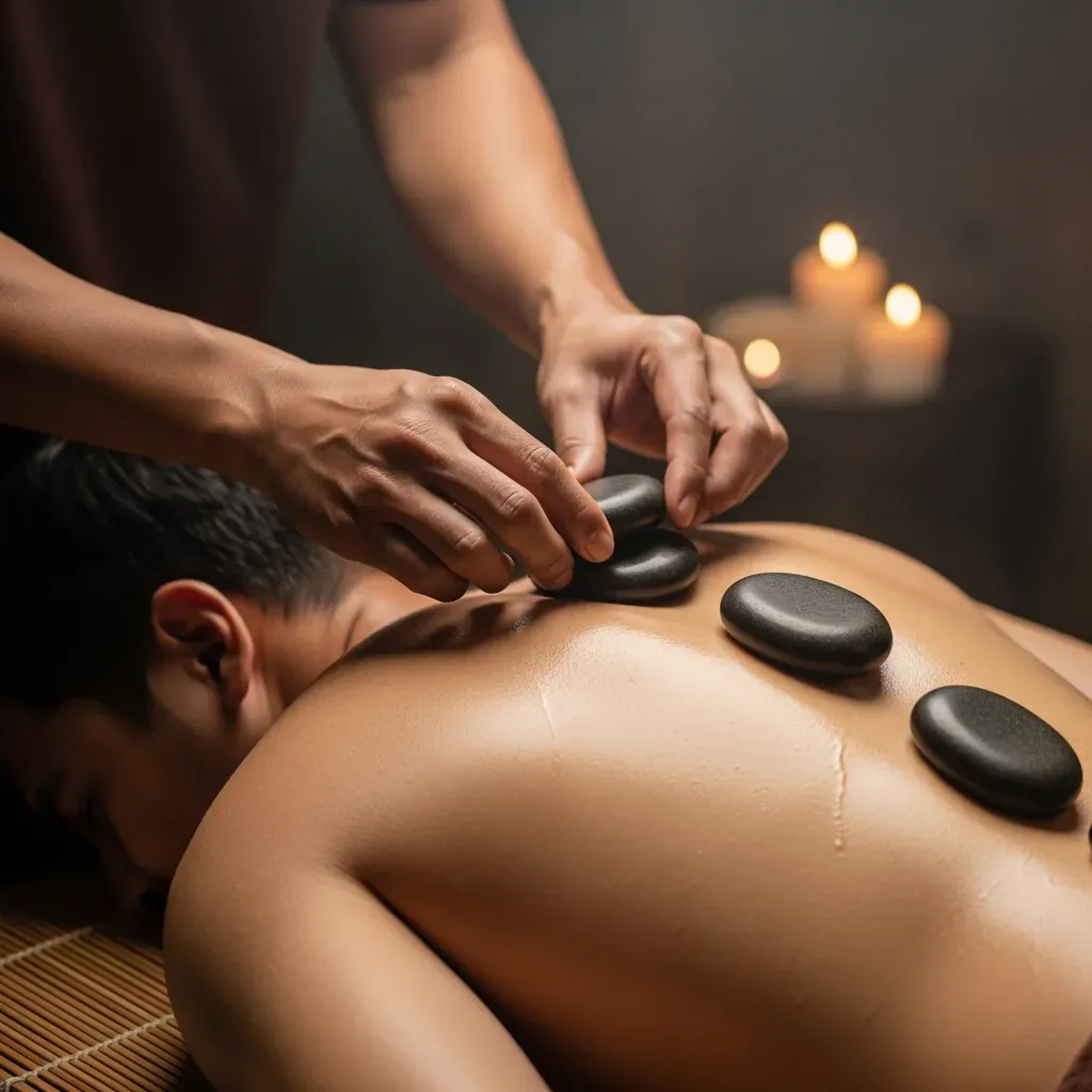 Đá nóng được đặt dọc sống lưng của khách nam trong liệu trình massage tại spa Đà Lạt.