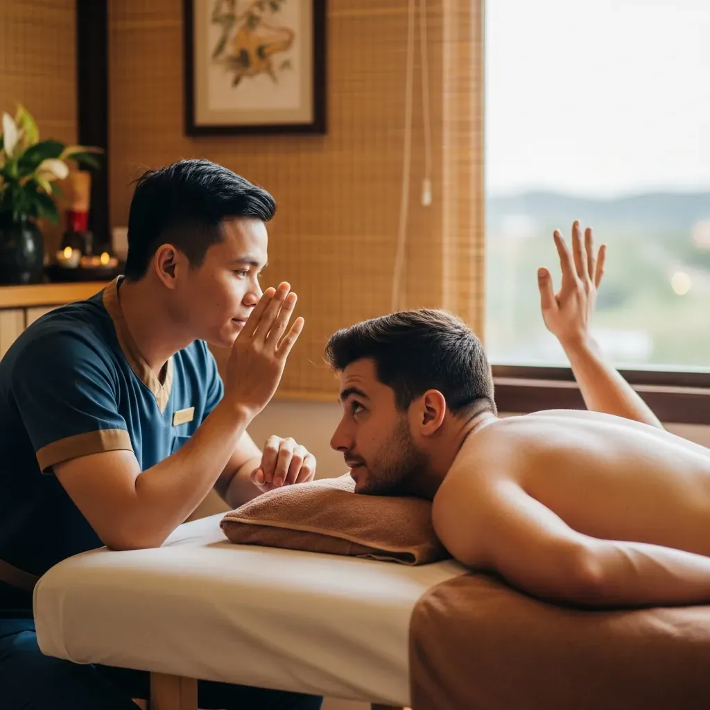 Khách hàng nam ra hiệu điều chỉnh lực massage với kỹ thuật viên trong không gian spa.