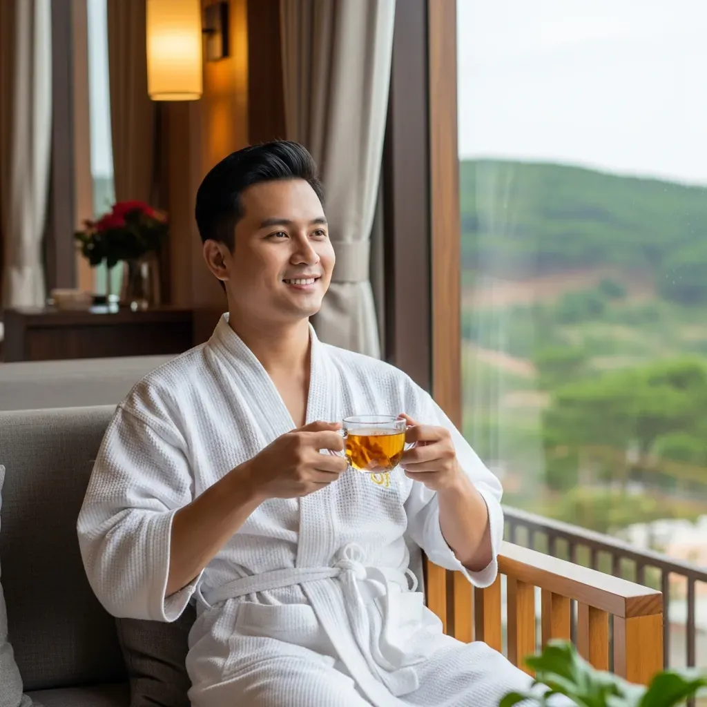 Khách hàng nam thư giãn với trà thảo mộc sau massage tại Clover Spa, Đà Lạt.