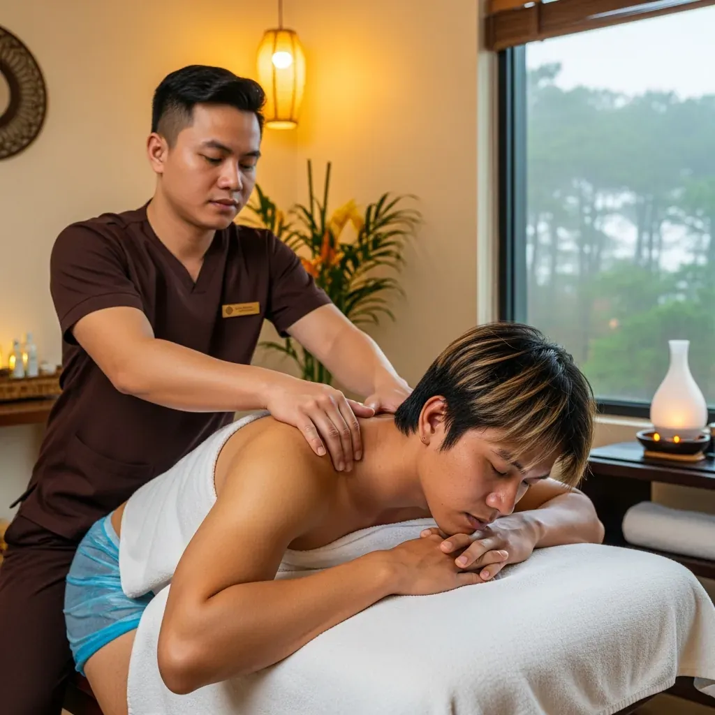 Một người đàn ông Việt Nam nằm trên bàn massage, được kỹ thuật viên nam xoa bóp vai trong không gian spa sạch sẽ.