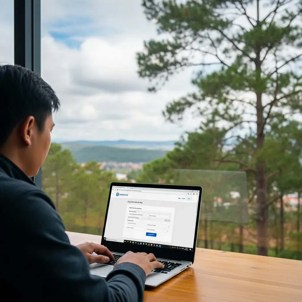 Người đàn ông Việt Nam kiểm tra thông tin cơ sở trên laptop, màn hình hiển thị trang tra cứu đăng ký kinh doanh.