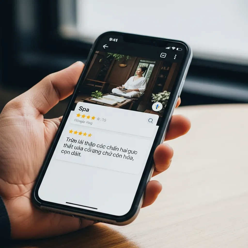 Tay cầm điện thoại hiển thị đánh giá Google Maps về spa ở Đà Lạt.