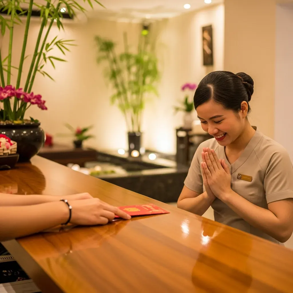 Bàn tay khách đặt phong bì tiền boa lên quầy lễ tân, nhân viên cúi chào.