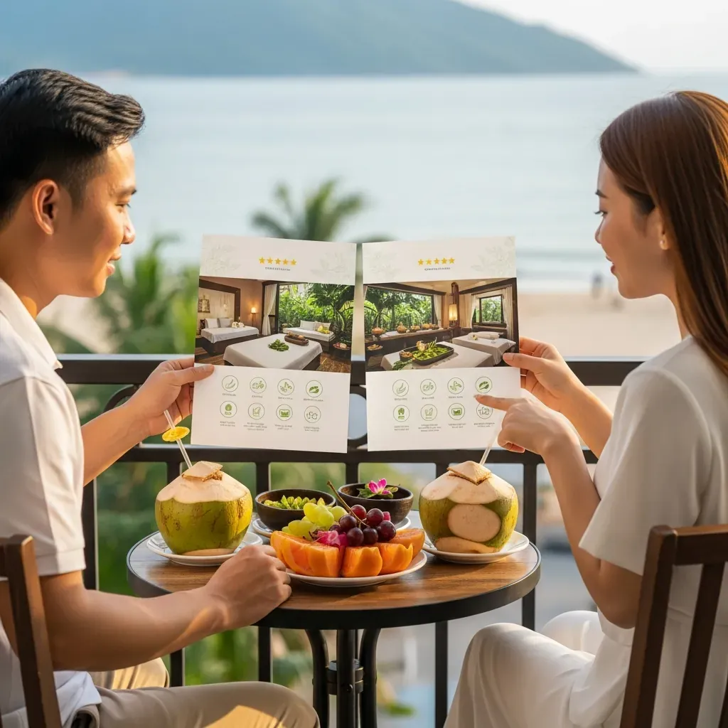 Đôi nam nữ so sánh hai tập gấp giới thiệu spa trên bàn cafe.