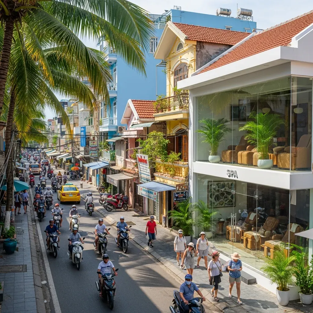 Đường phố Nha Trang sầm uất với nhiều xe máy và cửa hàng mặt tiền.