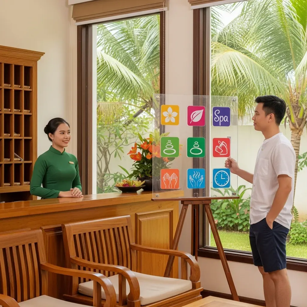 Khu vực lễ tân spa với nhân viên nữ mặc áo dài, bảng biểu tượng dịch vụ.