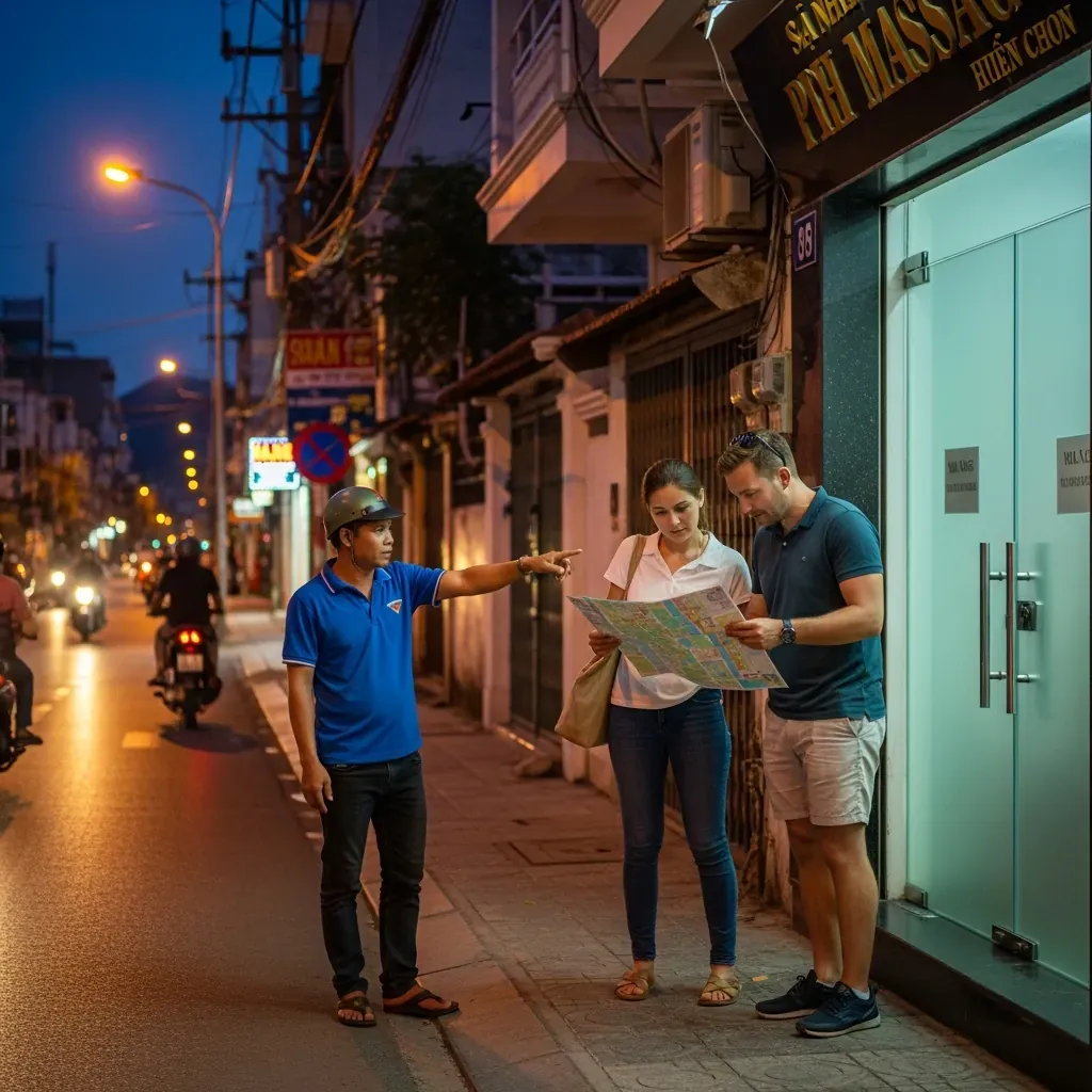 Người lái xe ôm chỉ vào con hẻm tối, du khách cảnh giác.