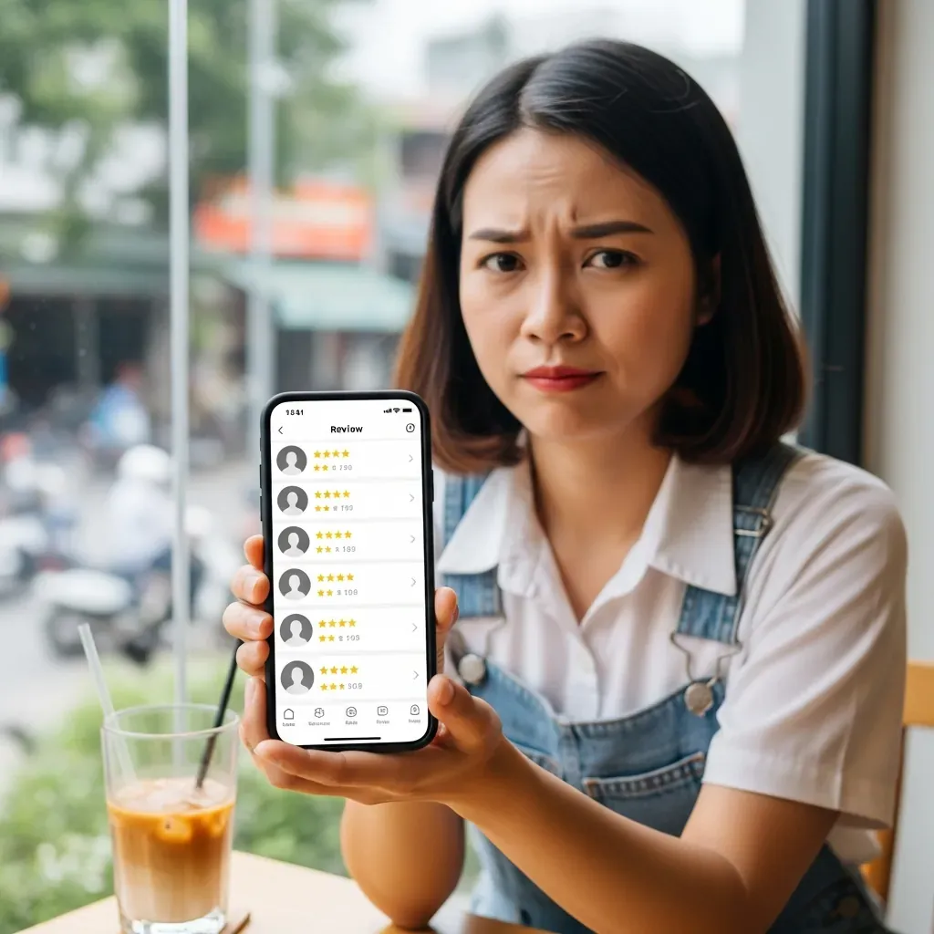 Người phụ nữ đang xem ứng dụng đánh giá, biểu cảm nghi ngờ.