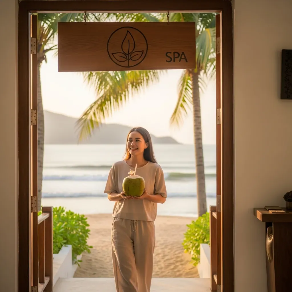 Người phụ nữ trẻ tươi cười bước ra từ spa, cầm trái dừa.