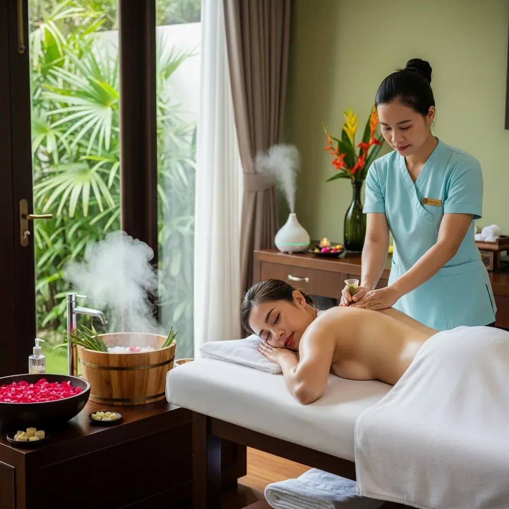 Phòng massage chuyên nghiệp với khách nữ đang được trị liệu lưng.