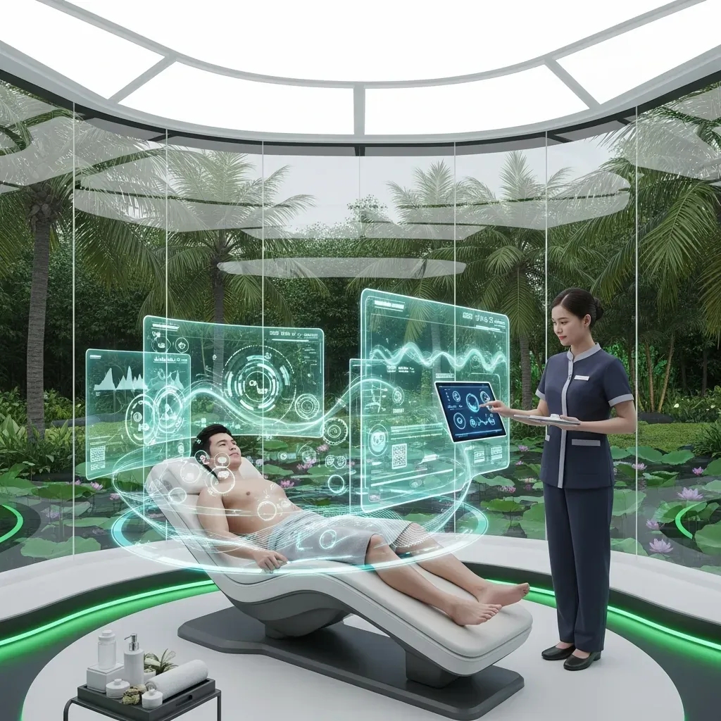 Spa tương lai với màn hình hologram và cây xanh.