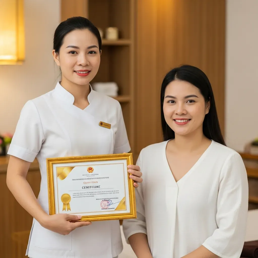 Chân dung nữ kỹ thuật viên người Việt cầm chứng chỉ và khách hàng hài lòng trong phòng spa.