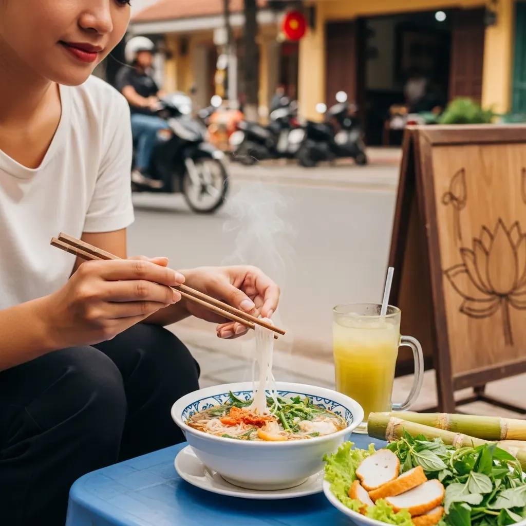 Cô gái Việt đang thưởng thức tô bún chả cá nóng hổi bên ly nước mía trên vỉa hè Đà Nẵng.