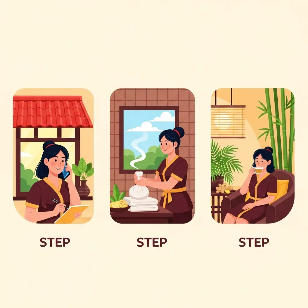 Hành trình ba bước từ đặt lịch qua điện thoại, nhận túi chườm thảo dược đến thư giãn uống trà gừng.