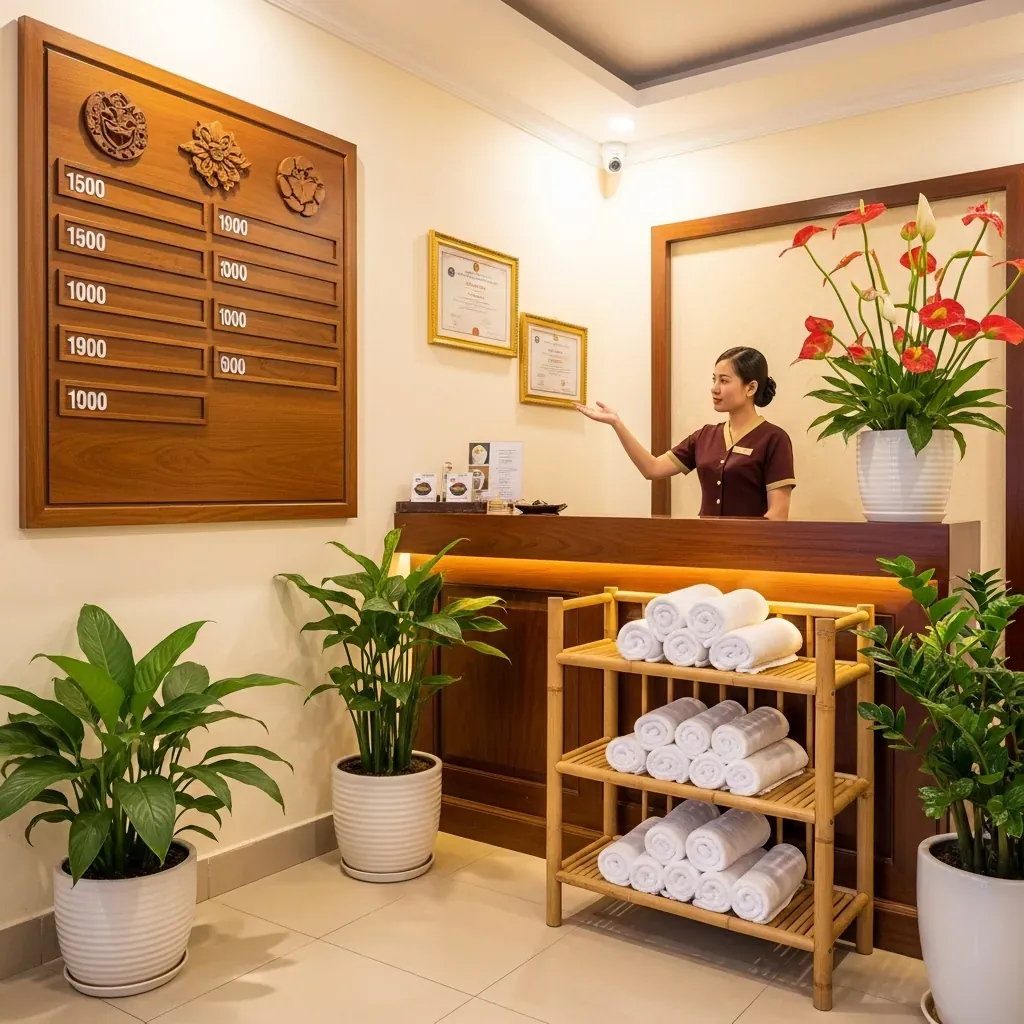 Khu vực lễ tân spa sạch sẽ với bảng giá gỗ và khăn trắng tinh, bầu không khí ấm cúng.