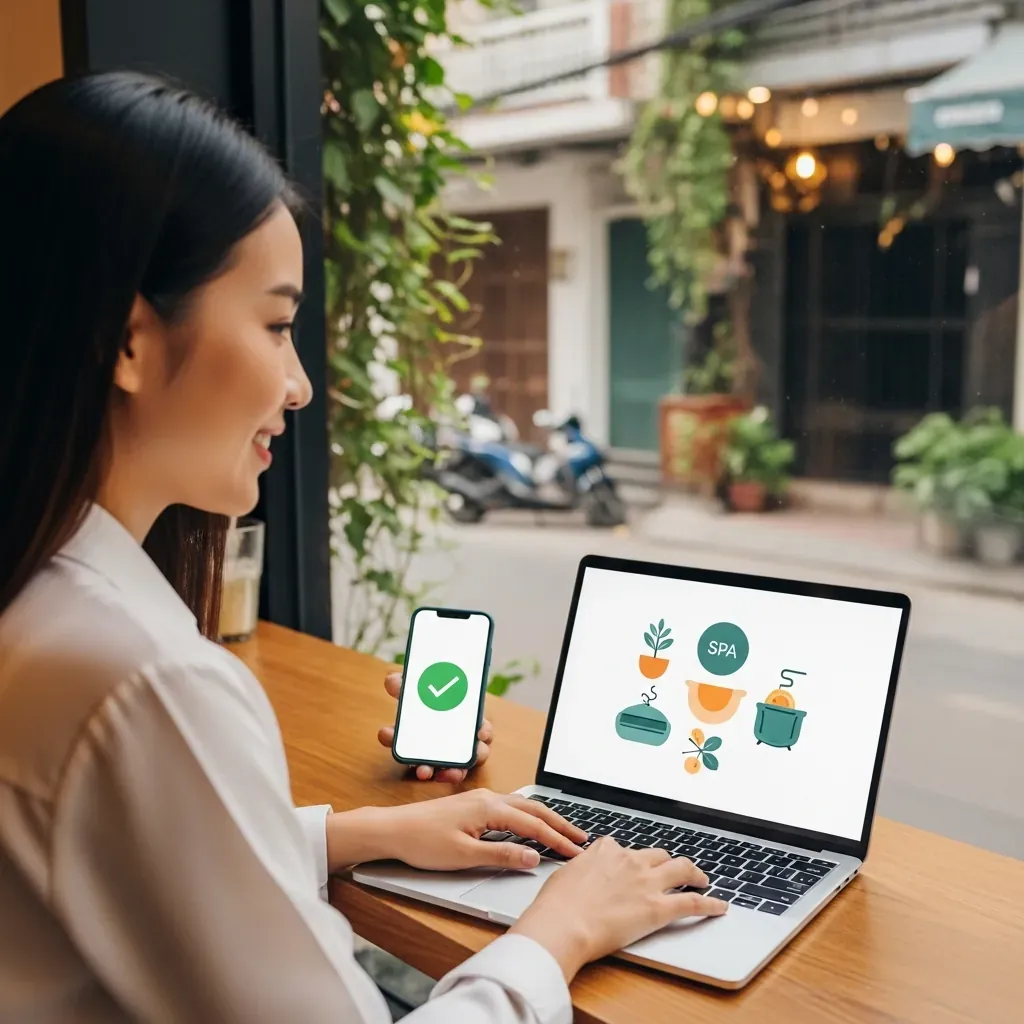 Người phụ nữ Việt Nam đang kiểm tra thông tin spa trên laptop với màn hình hiển thị biểu tượng an toàn.