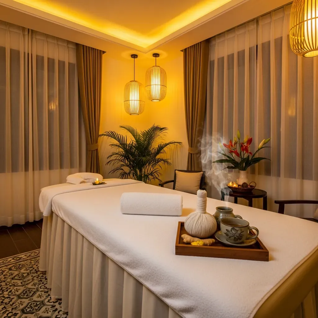 Phòng massage trị liệu ấm cúng với đèn tre, khăn trắng và chén trà gừng bốc khói.