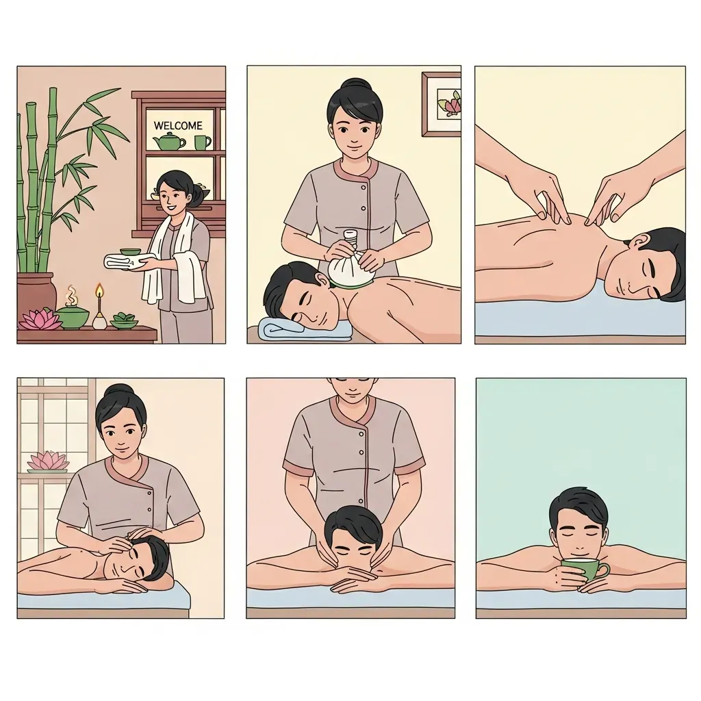 Sơ đồ trực quan 5 giai đoạn của một buổi massage trị liệu cổ vai gáy, từ chào đón đến thư giãn.