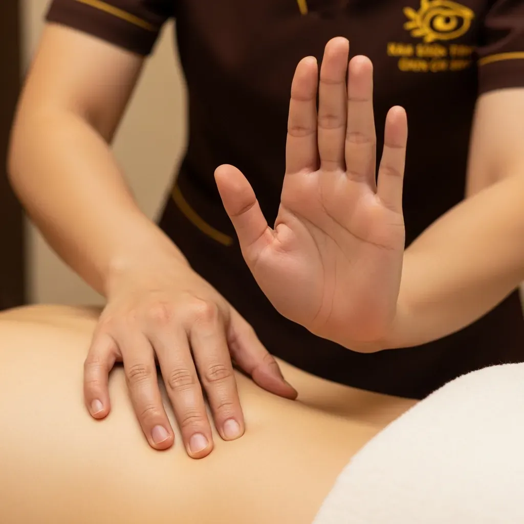 Cận cảnh bàn tay kỹ thuật viên ấn mạnh, bàn tay khách giơ lên ra hiệu dừng