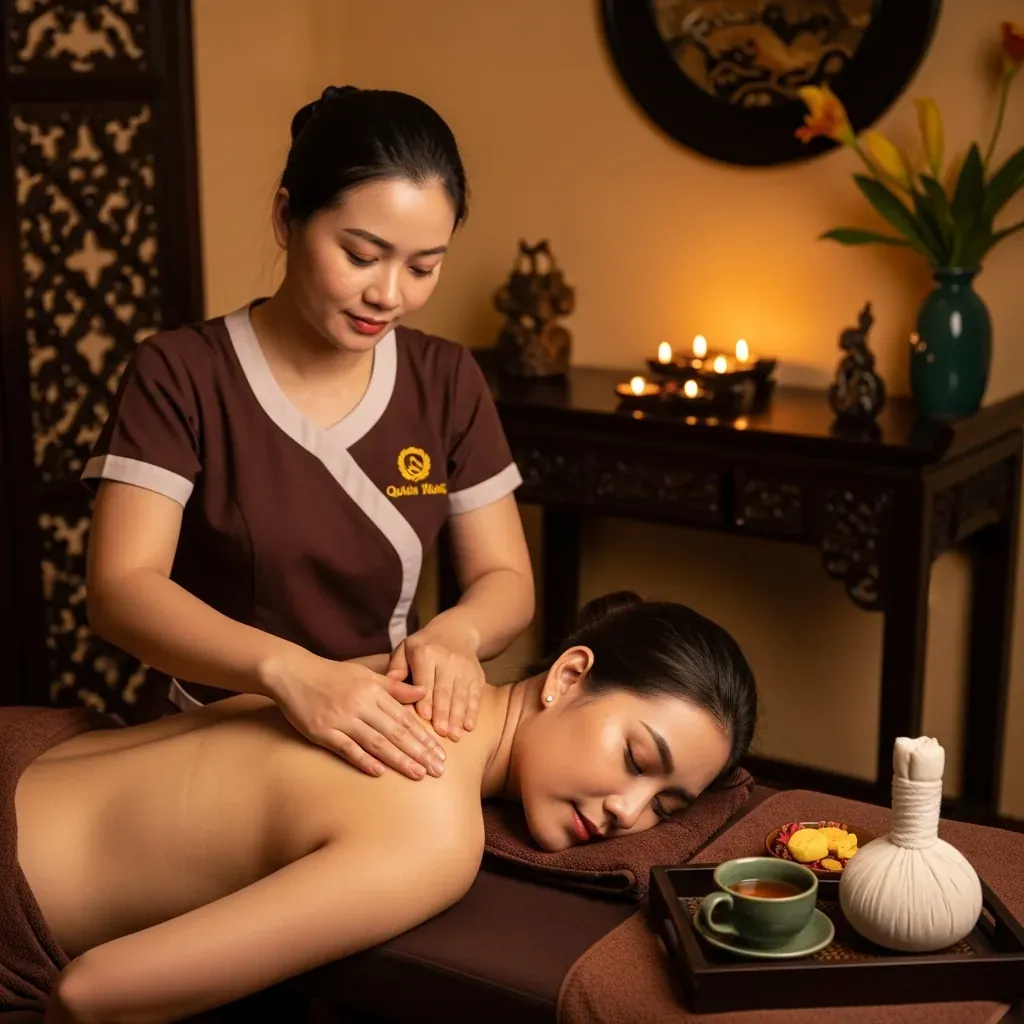 Cảnh massage lưng cho khách nữ người Việt trong không gian spa truyền thống