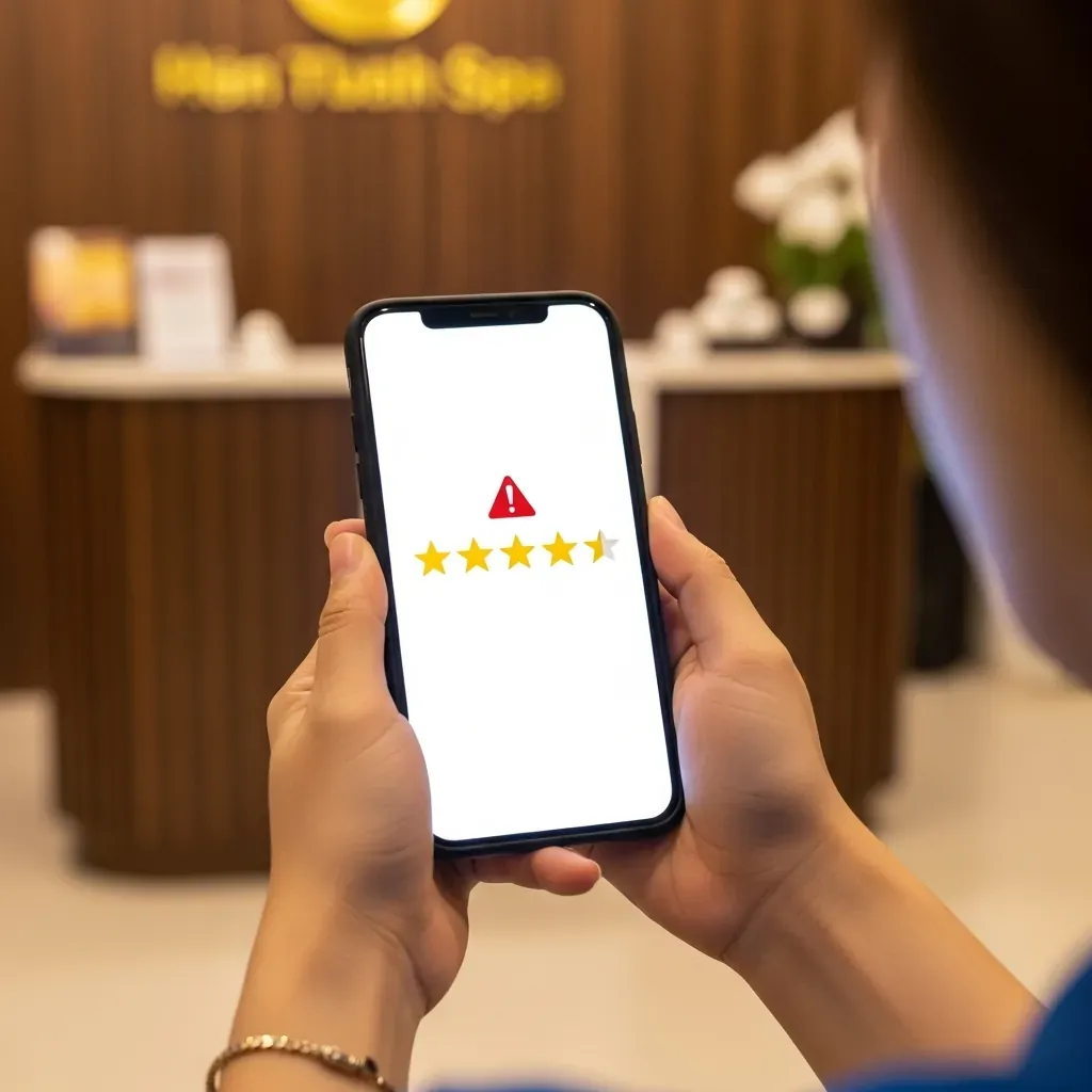 Điện thoại hiển thị đánh giá 5 sao kèm dấu hiệu cảnh báo