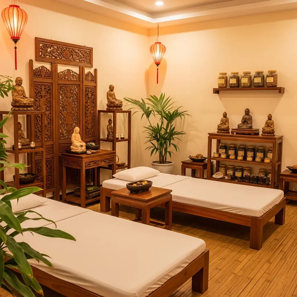 Không gian massage trị liệu truyền thống với ánh đèn vàng ấm, tượng gỗ và thảo dược