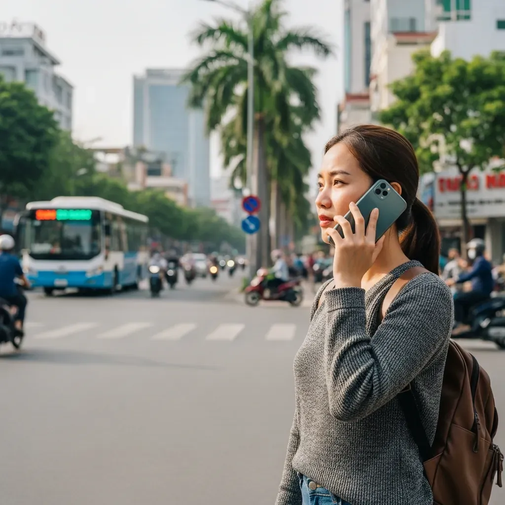 Người phụ nữ Việt Nam đang gọi điện xác nhận lịch hẹn trên phố Quận 7, xe buýt chạy phía sau