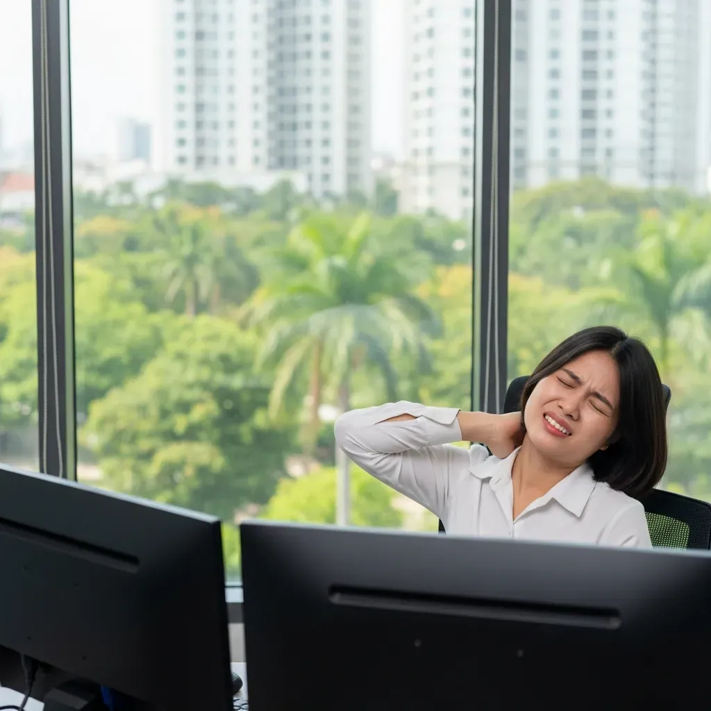 Nhân viên văn phòng người Việt đang bị đau cổ vai gáy tại bàn làm việc