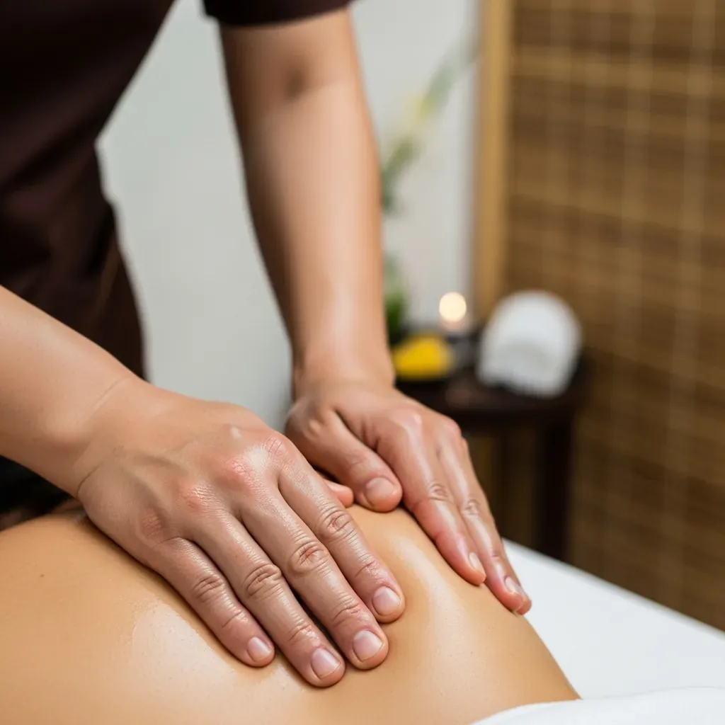 Bàn tay kỹ thuật viên ấn huyệt vùng vai bị đau.