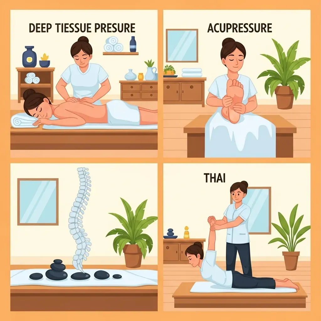Bốn kỹ thuật massage: mô sâu, bấm huyệt, đá nóng, massage Thái.