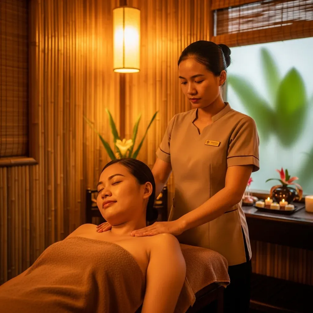 Hình ảnh kỹ thuật viên đang massage vai cho khách trong phòng spa ấm cúng.